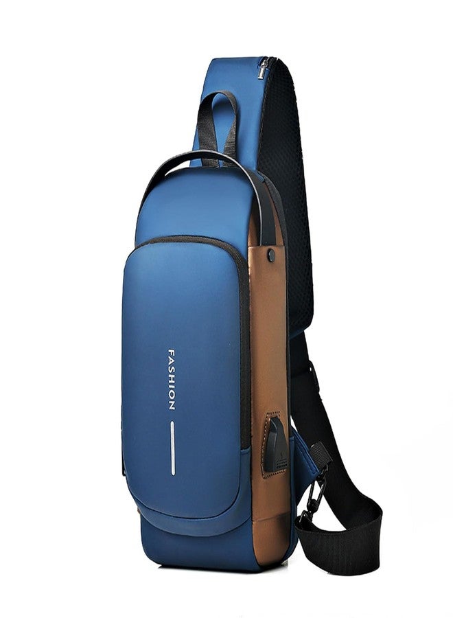 OTIPORTER Sling Bag Crossbody Shoulder Bag for Men Women, Chest Crossbody bags with USB Charging Port, Waterproof Small Backpack for Outdoor Hiking Running Sport (Blue And brown) - Image 1